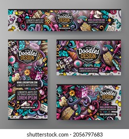 Cartoon vector doodle set of Holiday corporate identity templates. Colorful funny banners, id cards, flayer for the use on branding, invitations, cards, apps, web design.