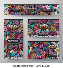 Cartoon vector doodle set of Holiday corporate identity templates. Colorful funny banners, id cards, flayer for the use on branding, invitations, cards, apps, web design.