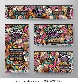 Conjunto de doodles vectores de dibujos animados de plantillas de identidad corporativa de Ice Cream. Banners coloridos y divertidos, tarjetas de identificación, capas para el uso en marca, invitaciones, tarjetas, aplicaciones, diseño web.