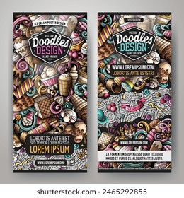 Cartoon vector doodle set of Ice Cream banners templates. Corporate identity for the use on invitations, cards, apps, branding, flyers, greeting cards, postcards, web design. 