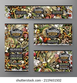 Cartoon vector doodle set of Italian Food corporate identity templates. Colorful funny banners, id cards, flayer for the use on branding, invitations, cards, apps, web design.