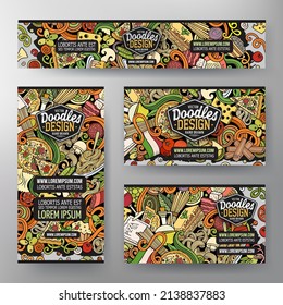 Cartoon vector doodle set of Italian Food corporate identity templates. Colorful funny banners, id cards, flayer for the use on branding, invitations, cards, apps, web design.