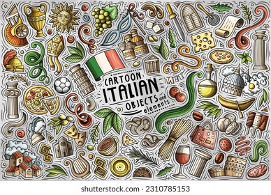 Cartoon vector doodle set of Italian traditional symbols, items and objects