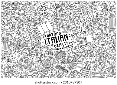 Cartoon vector doodle set of Italian traditional symbols, items and objects