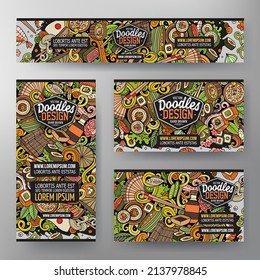 Cartoon vector doodle set of Japan Food corporate identity templates. Colorful funny banners, id cards, flayer for the use on branding, invitations, cards, apps, web design.