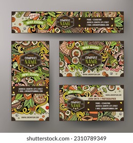 Cartoon vector doodle set of Japan Food corporate identity templates. Colorful funny banners, id cards, flayer for the use on branding, invitations, cards, apps, web design.
