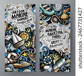 Cartoon vector doodle set of Marine banners templates. Corporate identity for the use on invitations, cards, apps, branding, flyers, greeting cards, postcards, web design. Funny colorful and line art