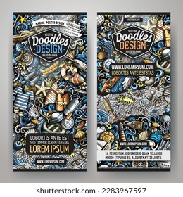 Cartoon vector doodle set of Marine banners templates. Corporate identity for the use on invitations, cards, apps, branding, flyers, greeting cards, postcards, web design.