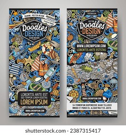 Cartoon vector doodle set of Marine banners templates. Corporate identity for the use on invitations, cards, apps, branding, flyers, greeting cards, postcards, web design. Hand drawn, not AI