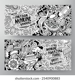 Vector de dibujos animados doodle conjunto de Plantillas de Anuncios marinos. Identidad Corporativa para el uso en invitaciones, tarjetas, App, marcas, volantes, tarjetas de felicitación, postales, Diseño web. Divertida ilustración de arte de línea.