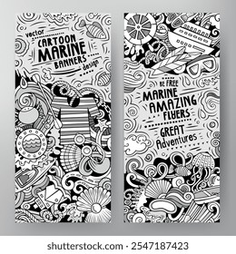 Cartoon vector doodle set of Marine banners templates. Corporate identity for the use on invitations, cards, apps, branding, flyers, greeting cards, postcards, web design. Funny line art illustration.