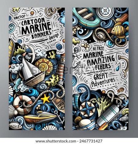 Cartoon vector doodle set of Marine banners templates. Corporate identity for the use on invitations, cards, apps, branding, flyers, greeting cards, postcards, web design. Funny colorful and line art