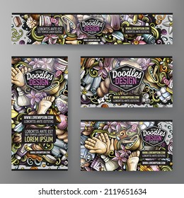 Cartoon Vektordoodle Set von Massage Corporate Identity Templates. Farbige lustige Banner, ID-Karten, Folien für die Verwendung beim Branding, Einladungen, Karten, Apps, Web-Design.