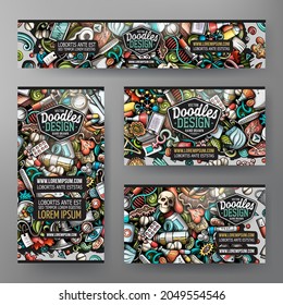Cartoon Vektordoodle Set von Medicine Corporate Identity Templates. Farbige lustige Banner, ID-Karten, Folien für die Verwendung beim Branding, Einladungen, Karten, Apps, Web-Design. 