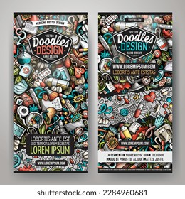 Cartoon vector doodle set of Medicine banners templates. Corporate identity for the use on invitations, cards, apps, branding, flyers, greeting cards, postcards, web design. 