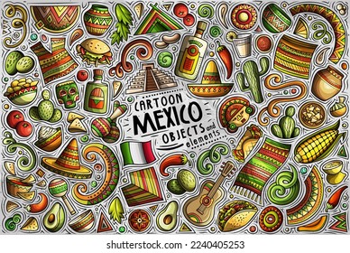 Cartoon vector doodle set of Mexican traditional symbols, items and objects