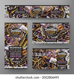 Cartoon vector doodle set of Music Classic corporate identity templates. Colorful funny banners, id cards, flayer for the use on branding, invitations, cards, apps, web design.
