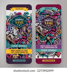 Cartoon vector doodle set of Music banners templates. Corporate identity for the use on invitations, cards, apps, branding, flyers, greeting cards, postcards, web design. Funny colorful illustration.