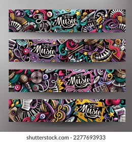 Cartoon vector doodle set of Music banners templates. Corporate identity for the use on invitations, cards, apps, branding, flyers, greeting cards, postcards, web design. Funny colorful illustration.