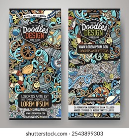 Cartoon vector doodle set of Nautical banners templates. Corporate identity for the use on invitations, cards, apps, branding, flyers, greeting cards, postcards, web design. Funny  illustration.