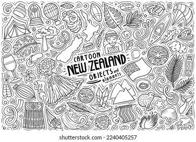 Cartoon vector doodle set of New Zealand traditional symbols, items and objects