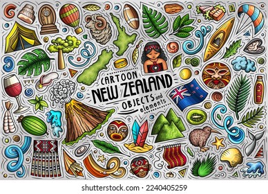 Cartoon vector doodle set of New Zealand traditional symbols, items and objects