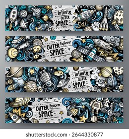 Cartoon vector doodle set of Outer Space banners templates. Corporate identity for the use on apps, branding, flyers, web design. Funny Cosmos colorful illustration. Not AI