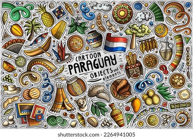 Cartoon vector doodle set of Paraguay traditional symbols, items and objects