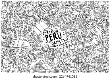 Cartoon vector doodle set of Peruvian traditional symbols, items and objects