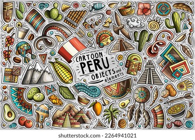 Cartoon vector doodle set of Peruvian traditional symbols, items and objects