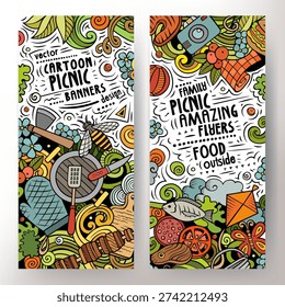 Cartoon vector doodle set of Picnic banners templates. Corporate identity for the use on apps, branding, flyers, web design. Funny colorful illustration.