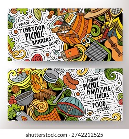 Cartoon vector doodle set of Picnic banners templates. Corporate identity for the use on apps, branding, flyers, web design. Funny colorful illustration.
