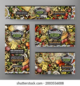 Cartoon vector doodle set of Pizza corporate identity templates. Colorful funny banners, id cards, flayer for the use on branding, invitations, cards, apps, web design.