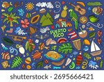 Cartoon vector doodle set of PUERTO RICO traditional symbols, items and objects. Hand-drawn, not AI 