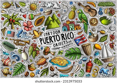 Cartoon vector doodle set of PUERTO RICO traditional symbols, items and objects