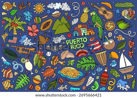 Cartoon vector doodle set of PUERTO RICO traditional symbols, items and objects. Hand-drawn, not AI 