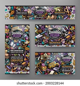 Cartoon vector doodle set of School corporate identity templates. Colorful funny banners, id cards, flayer for the use on branding, invitations, cards, apps, web design.