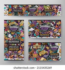 Cartoon vector doodle set of School corporate identity templates. Colorful funny banners, id cards, flayer for the use on branding, invitations, cards, apps, web design.