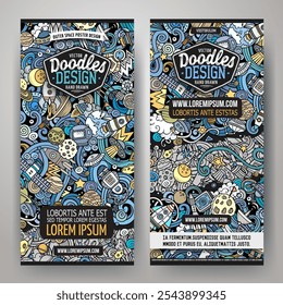Cartoon vector doodle set of Space banners templates. Corporate identity for the use on invitations, cards, apps, branding, flyers, greeting cards, postcards, web design. Funny colorful illustration.