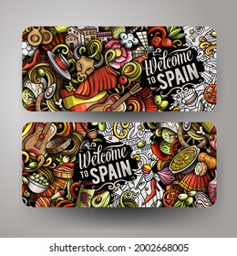Cartoon vector doodle set of Spain banners templates. Corporate identity for the use on invitations, cards, apps, branding, flyers, greeting cards, postcards, web design. 