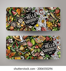 Cartoon Vektordoodle Set von Summer Banner Templates. Corporate Identity für die Verwendung auf Einladungen, Karten, Apps, Branding, Flyer, Grußkarten, Postkarten, Web-Design. 