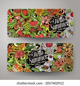 Cartoon Vektordoodle Set von Summer Nature Banner Templates. Corporate Identity für die Verwendung auf Einladungen, Karten, Apps, Branding, Flyer, Grußkarten, Postkarten, Web-Design. 
