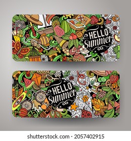 Cartoon vector doodle set of Summer banners templates. Corporate identity for the use on invitations, cards, apps, branding, flyers, greeting cards, postcards, web design. 