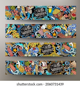 Cartoon vector doodle set of Summer Beach banners templates. Corporate identity for the use on apps, branding, flyers, web design. Funny colorful illustration.