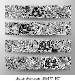 Cartoon vector doodle set of Summer Nature banners templates. Corporate identity for the use on apps, branding, flyers, web design. Funny illustration.