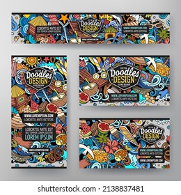 Conjunto de doodles vectores de dibujos animados de plantillas de identidad corporativa de Summer Beach. Banners coloridos y divertidos, tarjetas de identificación, capas para el uso en marca, invitaciones, tarjetas, aplicaciones, diseño web.