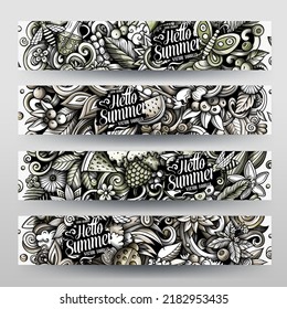 Cartoon vector doodle set of Summer Nature banners templates. Corporate identity for the use on invitations, cards, apps, branding, flyers, greeting cards, postcards, web design. 