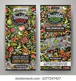 Cartoon vector doodle set of Summer Nature banners templates. Corporate identity for the use on invitations, cards, apps, branding, flyers, greeting cards, postcards, web design. 