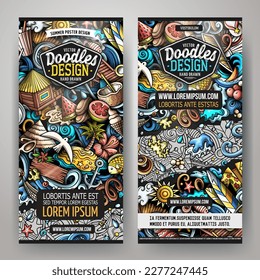 Cartoon vector doodle set of Summer Beach banners templates. Corporate identity for the use on invitations, cards, apps, branding, flyers, greeting cards, postcards, web design. 