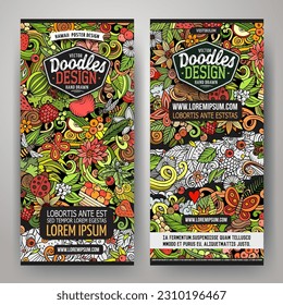 Cartoon vector doodle set of Summer Nature banners templates. Corporate identity for the use on invitations, cards, apps, branding, flyers, greeting cards, postcards, web design. 